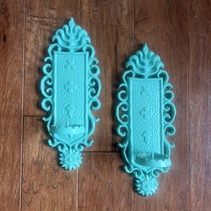 2 1969 Sexton Cast Iron Wall Sconce Candle Holders Painted‎ Turquoise